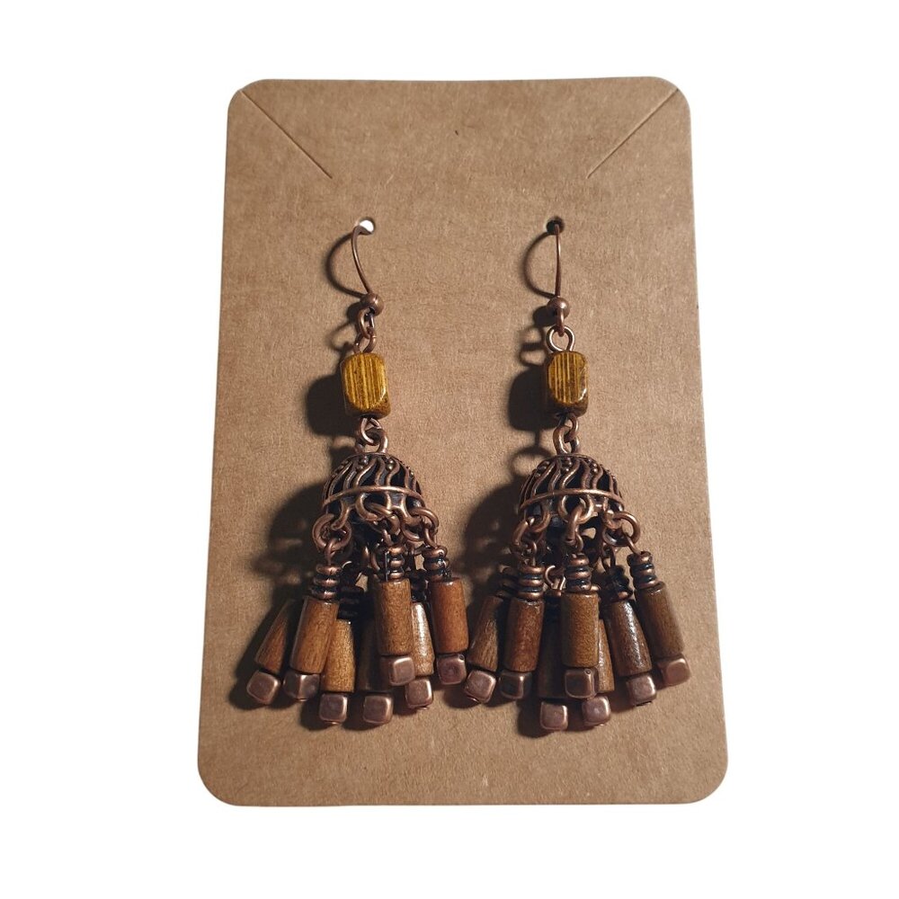 Wood Bead Copper Bronze Tone Drop Dangle Earrings Boho Handmade Jewelry Mom Gift